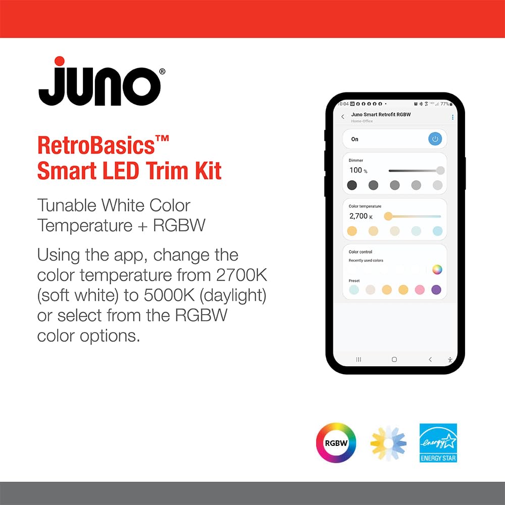 Juno 4-Inch RGBW Adjustable LED Downlight, Model RB4AC, Matte White Finish, Dynamic Color Options