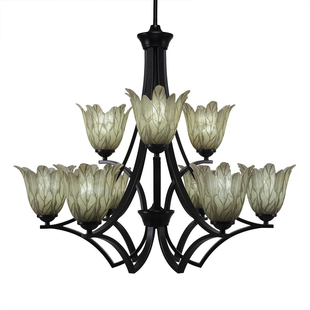 Toltec Lighting 569-MB-1025 Zilo 9 Light Chandelier Shown with 7&quot; Vanilla Leaf Glass, 28.25&quot; x 28.25&quot; x 27.75&quot;, Matte Black