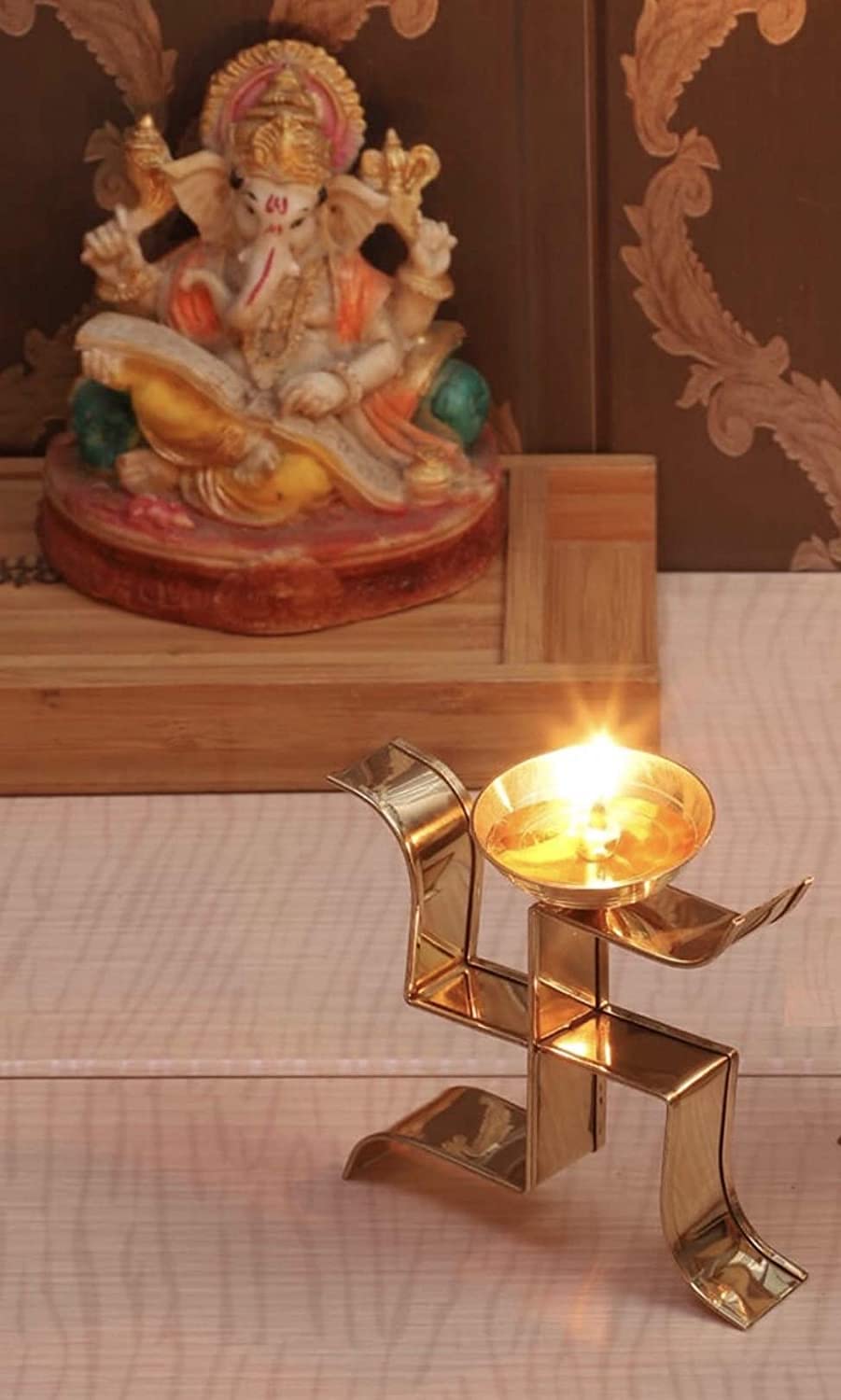 Brass Gallery Brass Swastik Diya Oil Puja Lamp Decorative for Home Office Gifts Decor for Pooja Set of 2 pcs (Om aarti Swastik D