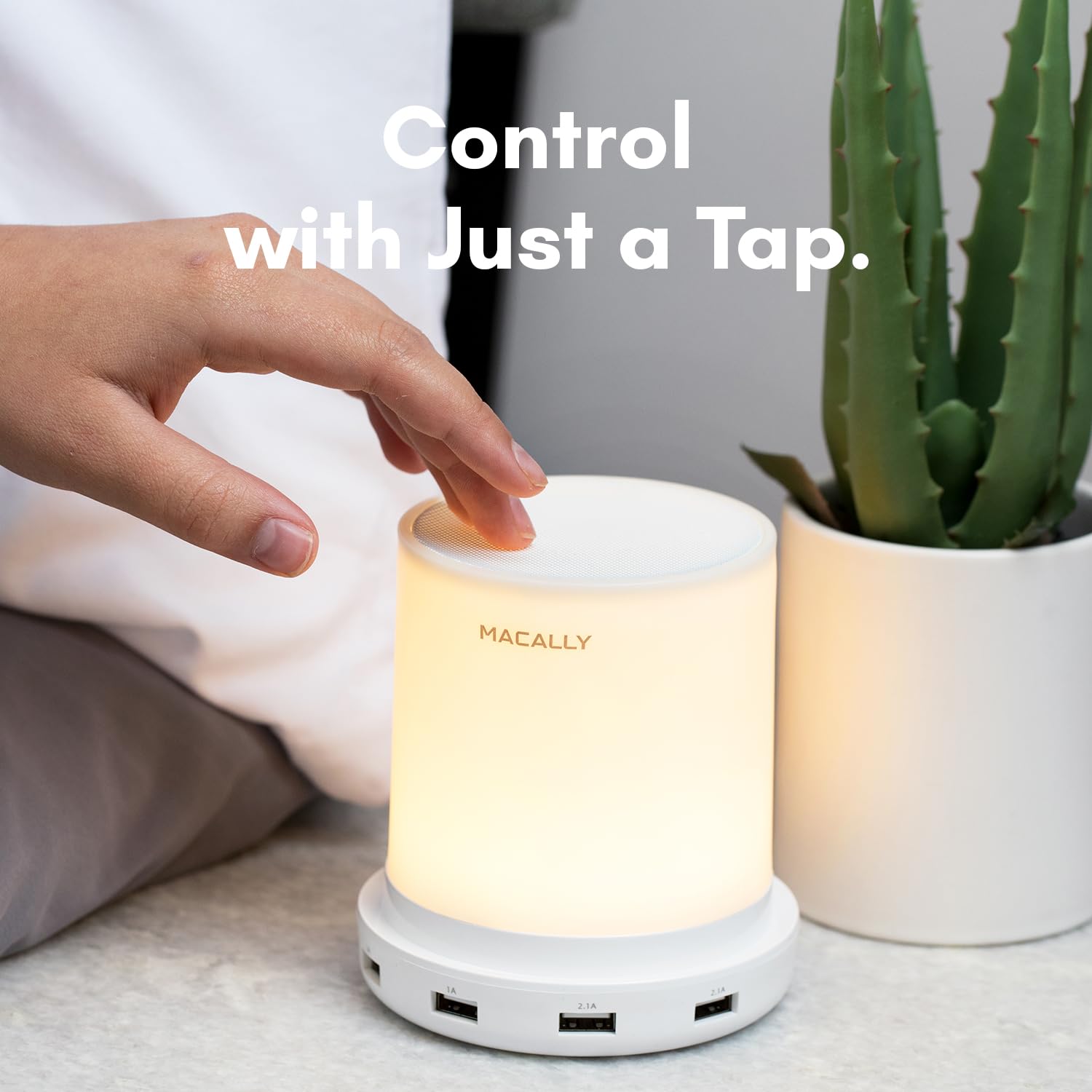 Macally Small Touch Lamp - 3 Way Dimmable Bedside Table Lamp with USB Port - White - Model LAMPCHARGE - Perfect for Small Spaces