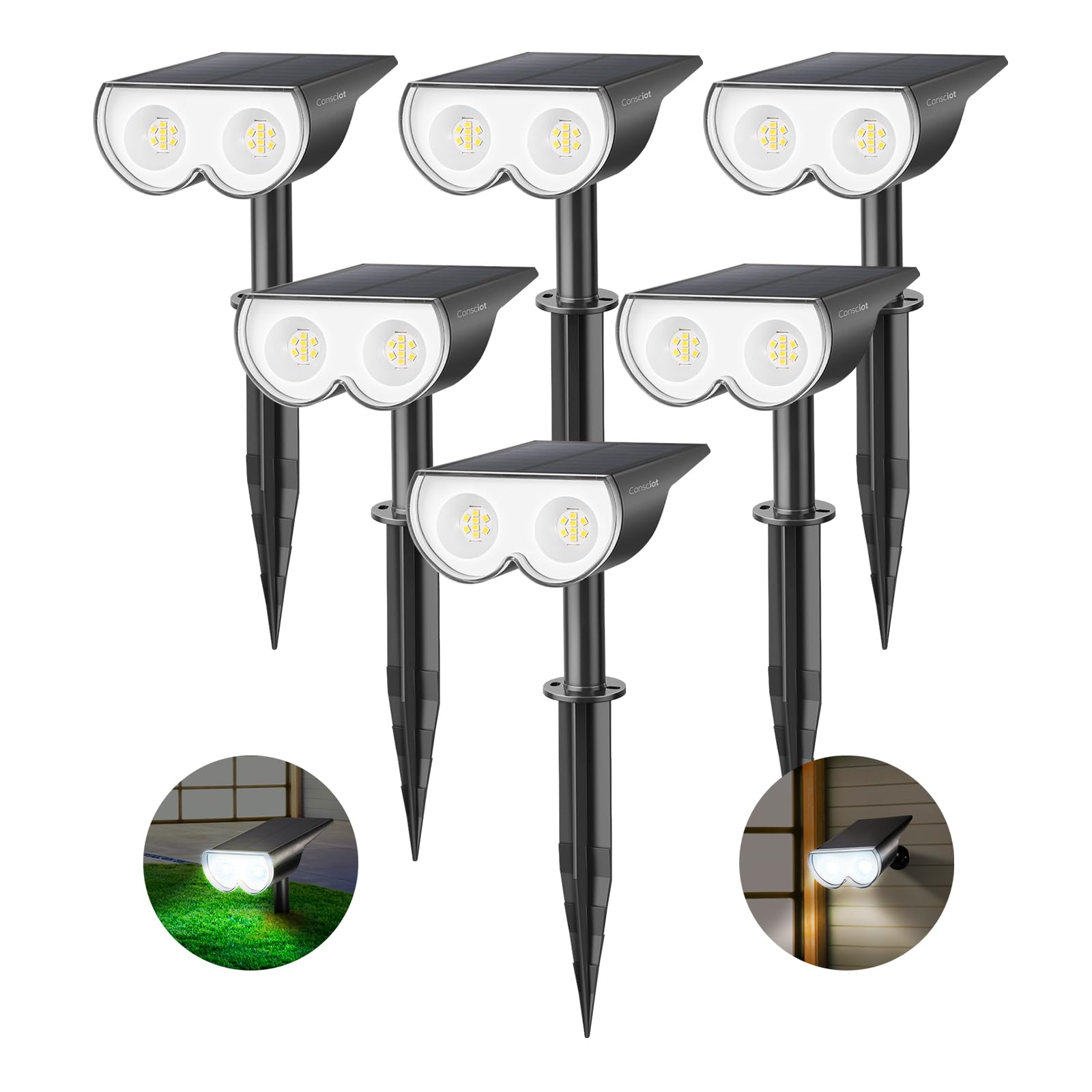 Consciot Solar Spot Lights, 16 LEDs, IP67 Waterproof, 2-in-1 Adjustable Wall Lights, 6 Pack, Cool White 6500K, Model OC-GL-034