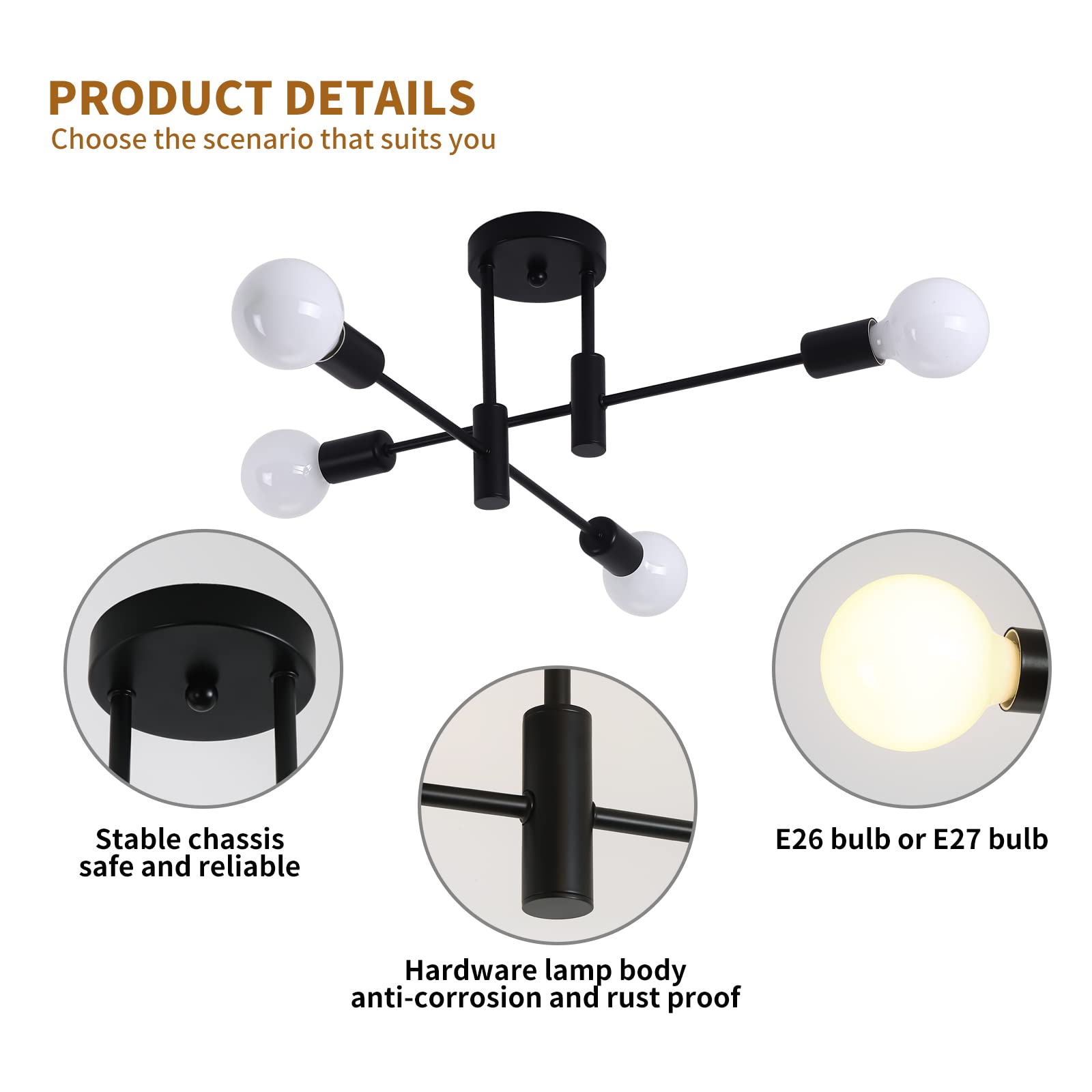 Garwarm Black Semi Flush Mount Ceiling Light Fixture, 4-Light Modern Industrial Sputnik Chandelier Light Fixture, Flush Mount Ce