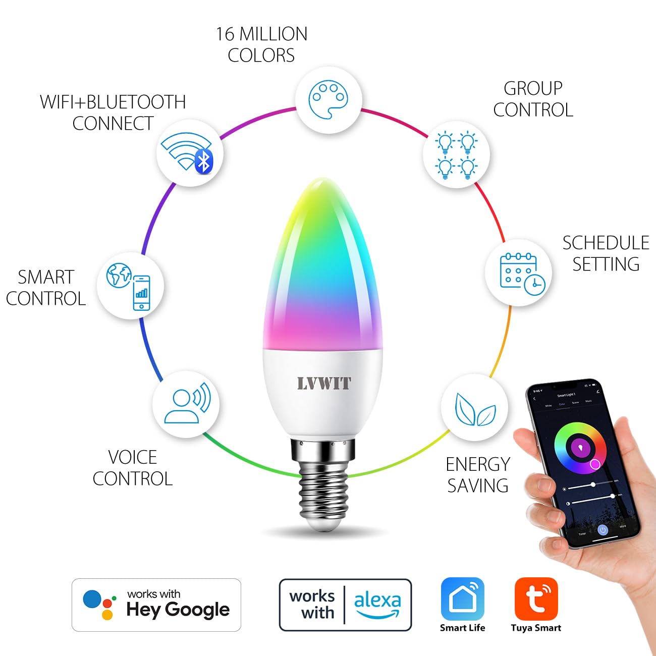 Lvwit Smart Light Bulb, B11 Smart Candelabra Led Bulb, E12 Base Wifi Chandelier Light Bulb, Color Changing, Dimmable, Work With