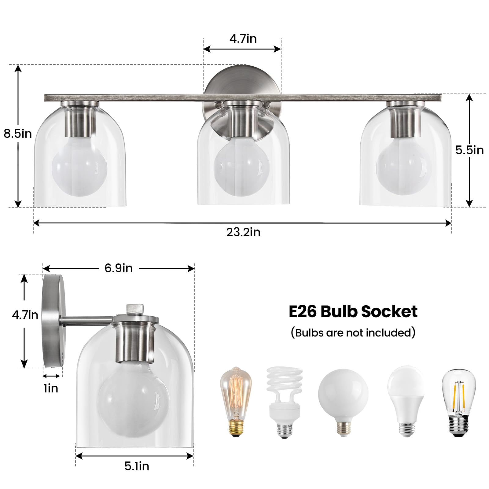 Woshitu Vanity Light Fixture: 23.3 Inch Modern Brushed Nickel Lights Over Mirror With Clear Glass Shade, 3-Light Farmhouse Bathr