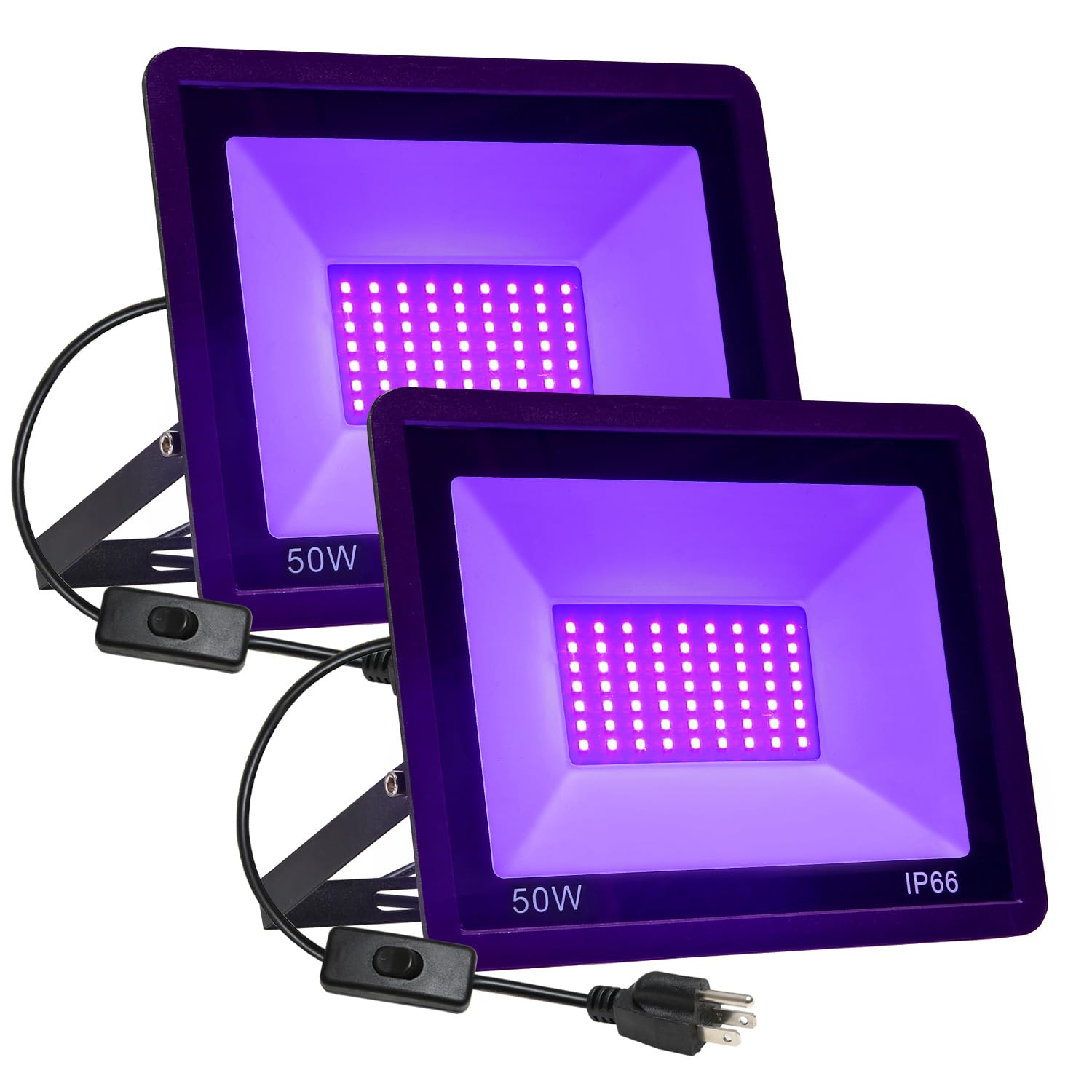 QIYEKA 2 Pack 50W LED Black Lights, Flood Blacklight with Plug, IP66 Waterproof Outdoor UV Spotlight for Dance Party Large Space