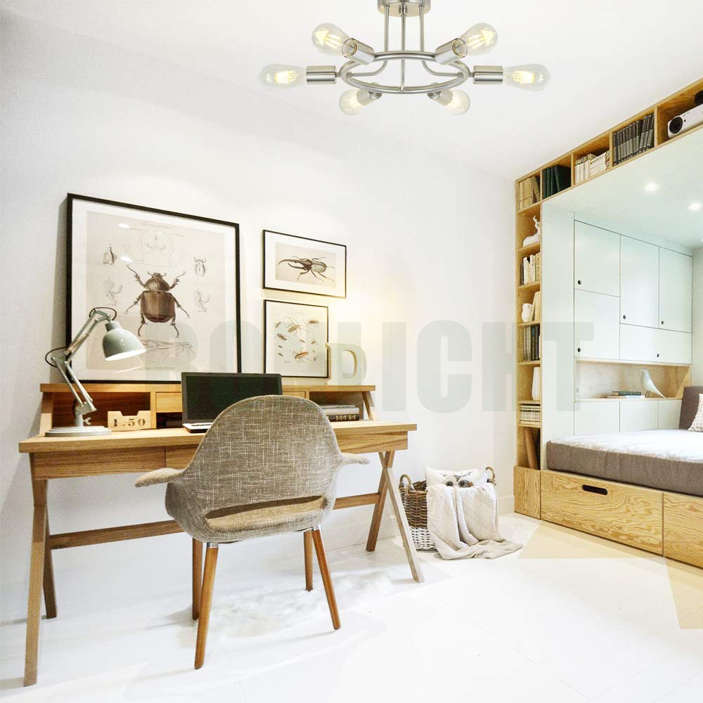 BONLICHT Sputnik Chandelier 6 Light Brushed Nickel Modern Starburst Semi Flush Mount Fixture Model 3020-6C-SN