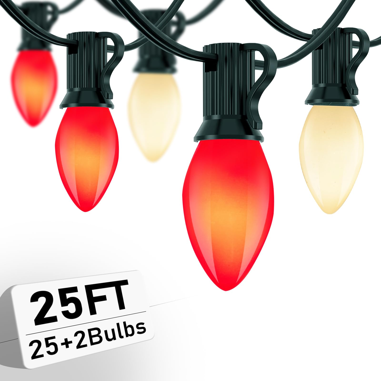 25Ft Multicolor Christmas Lights Outdoor  C7 Vintage String Lights With 27 Red White Baked Incandescent Bulbs  Hanging Patio Lights For Porch Roofline Christmas Tree Garden Pathway Indoor Decor