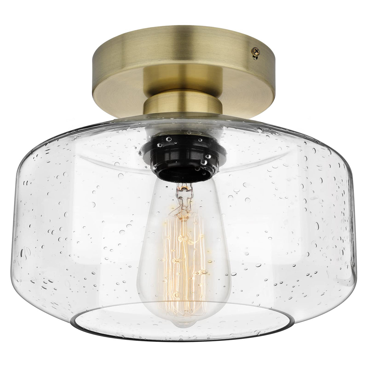 SunRider Industrial Semi-Flush Mount Ceiling Light Fixture, Seeded Glass Pendant Lamp, Brass Farmhouse Lighting for Hallway Porc