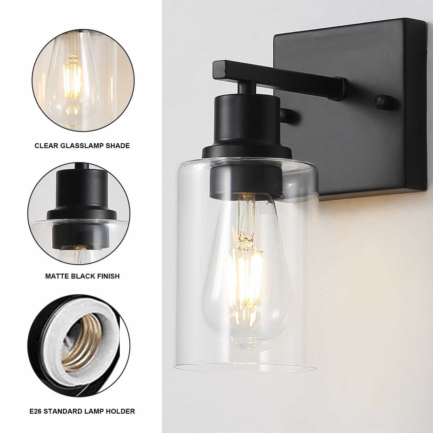 Filimitiy Bathroom Vanity Light Fixtures, 1-Light Matte Black Bathroom Lights, Wall Sconces With Clear Glass Shade For Hallway F