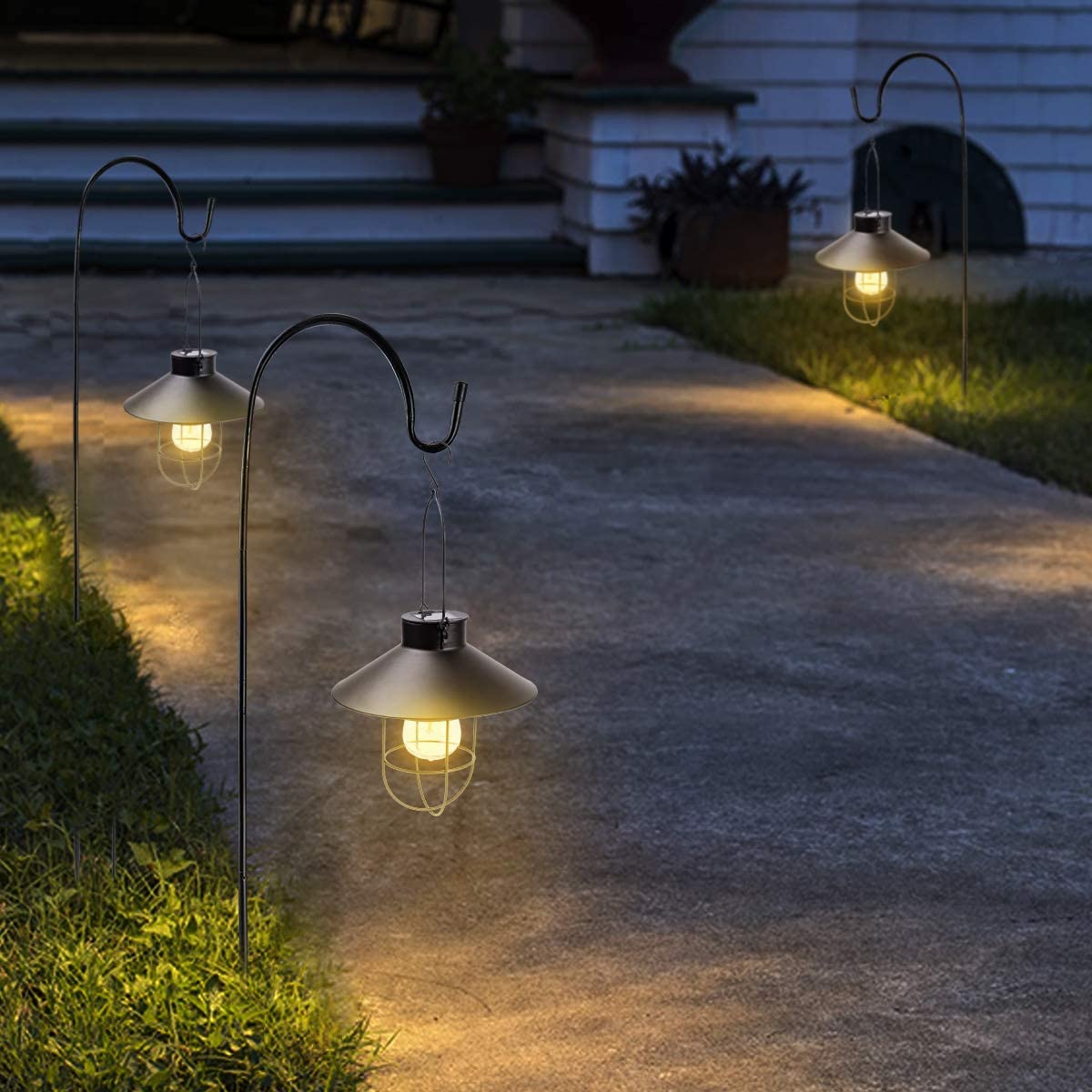 HUYIENO Solar Metal Hanging Lanterns - 2 Pack with Shepherd Hook, Outdoor LED Garden Lights, Black, Model HY1203