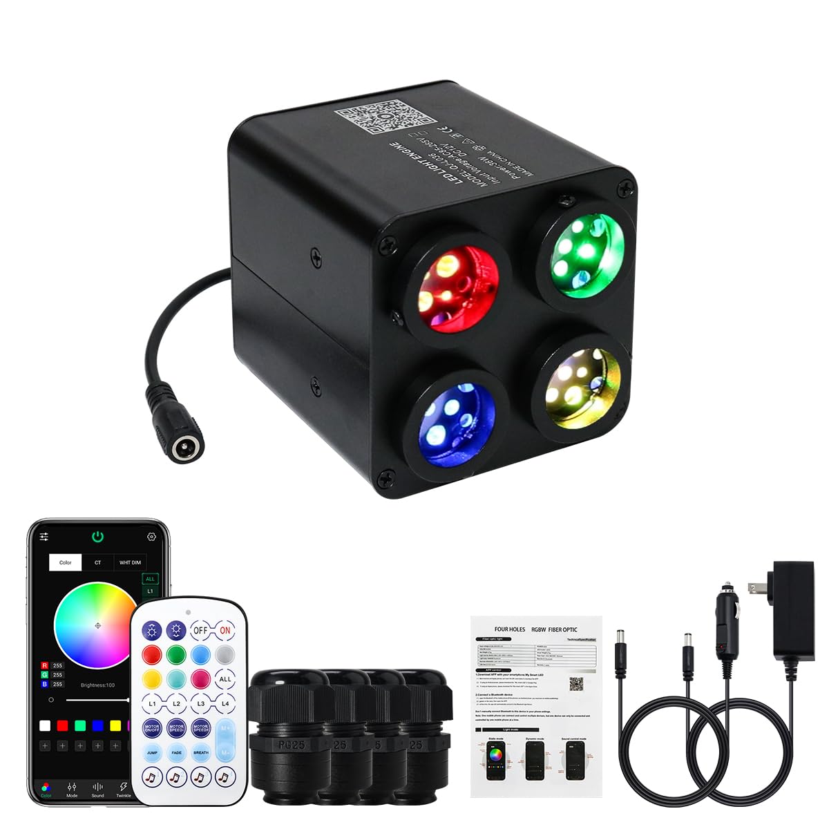 AKEPO RGBW Twinkle Fiber Optic Light Source, 36W, Multicolor, Model QJ-L036, Bluetooth Control, Music Activated, 4 Ports