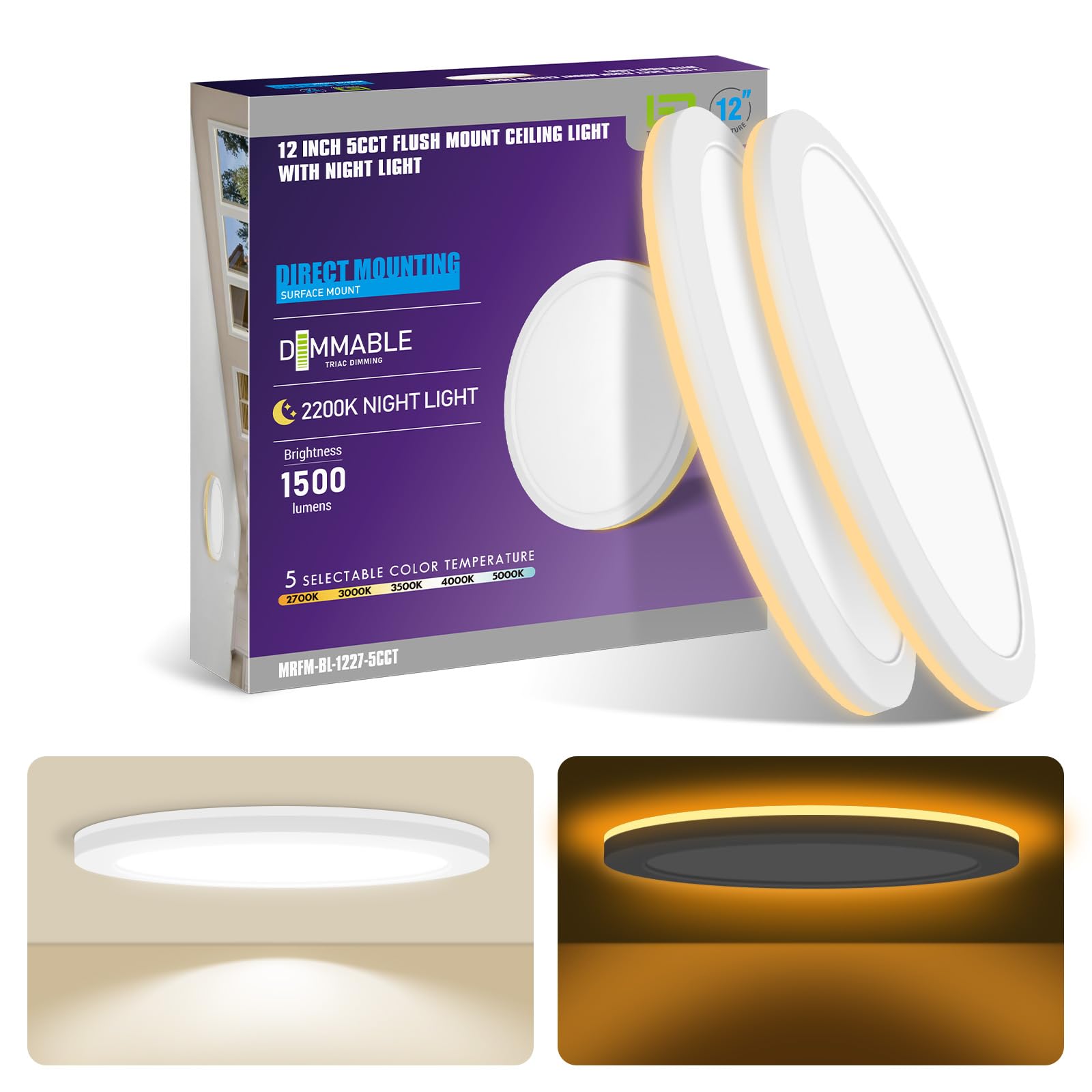 Mw 2 Pack 12 Inch Led Flush Ceiling Light With Night Light, Wired (No Remote),24W Eqv.80W, 2700K/3000K/3500K/4000K/5000K,Dimmabl