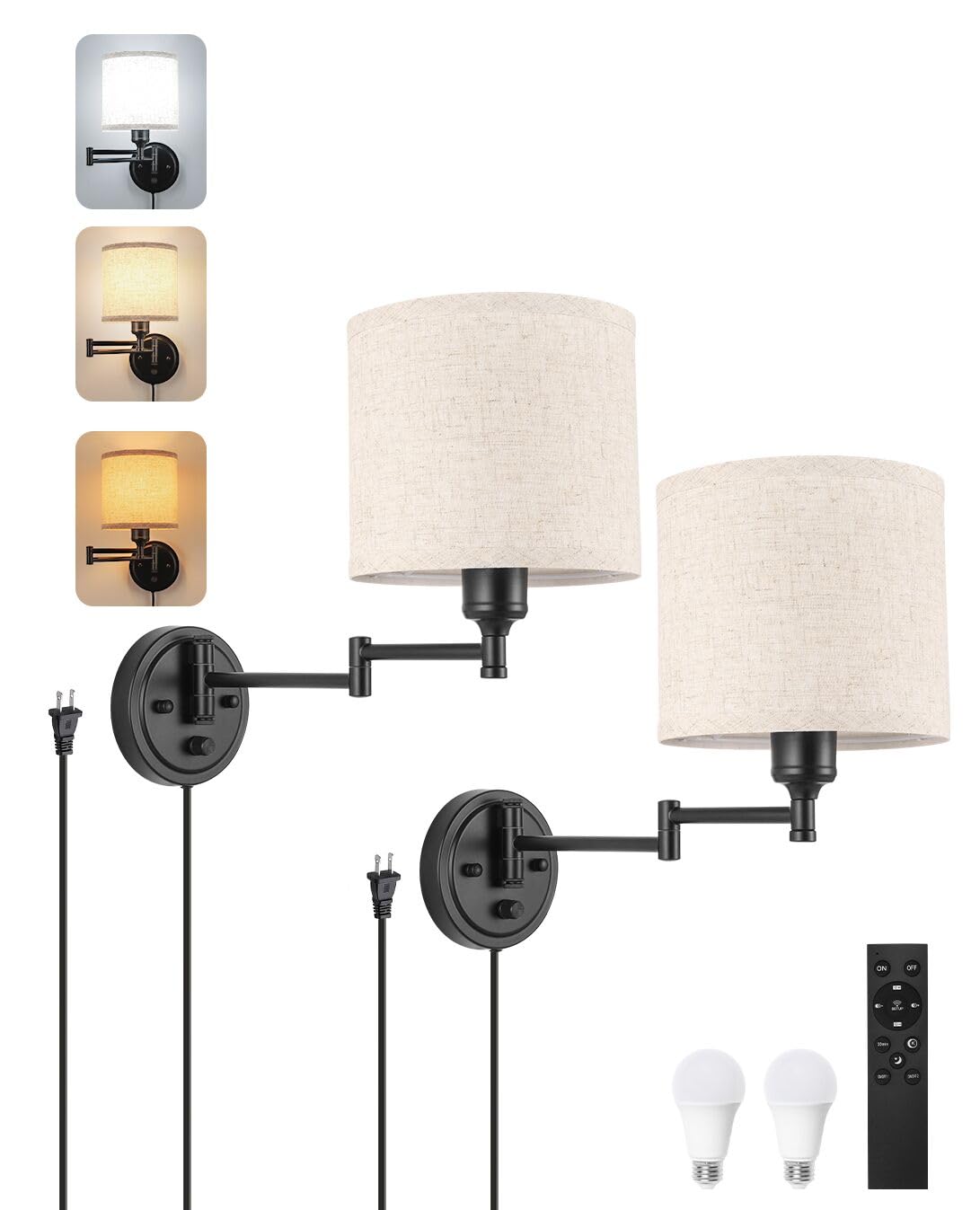 Plug in Wall Sconces with Remote Control  Dimming 10%-100% & Adjustable Colors 2700K-6500K  Hardwire or Plug-in  Swing Arm Wall Lamp with Linen Fabric Shade  Wall Sconces Set of Two  Black Finish