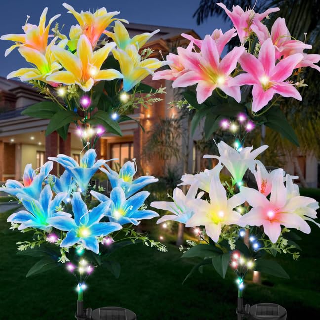 Ouddy Decor 4 Pack Solar Garden Lights Outdoor Waterproof Decorative, Solar Flowers Lights With 28 Bigger Lily Flower 4 Color Le