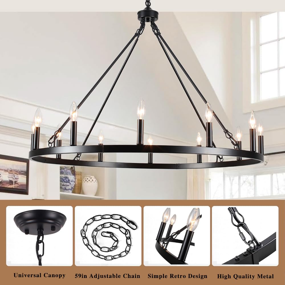 Sjccdsgs Black Large Wagon Wheel Chandelier 38 Inch, 12 Lights Farmhouse Chandelier, Industrial Rustic Candle Pendant Light Fixt