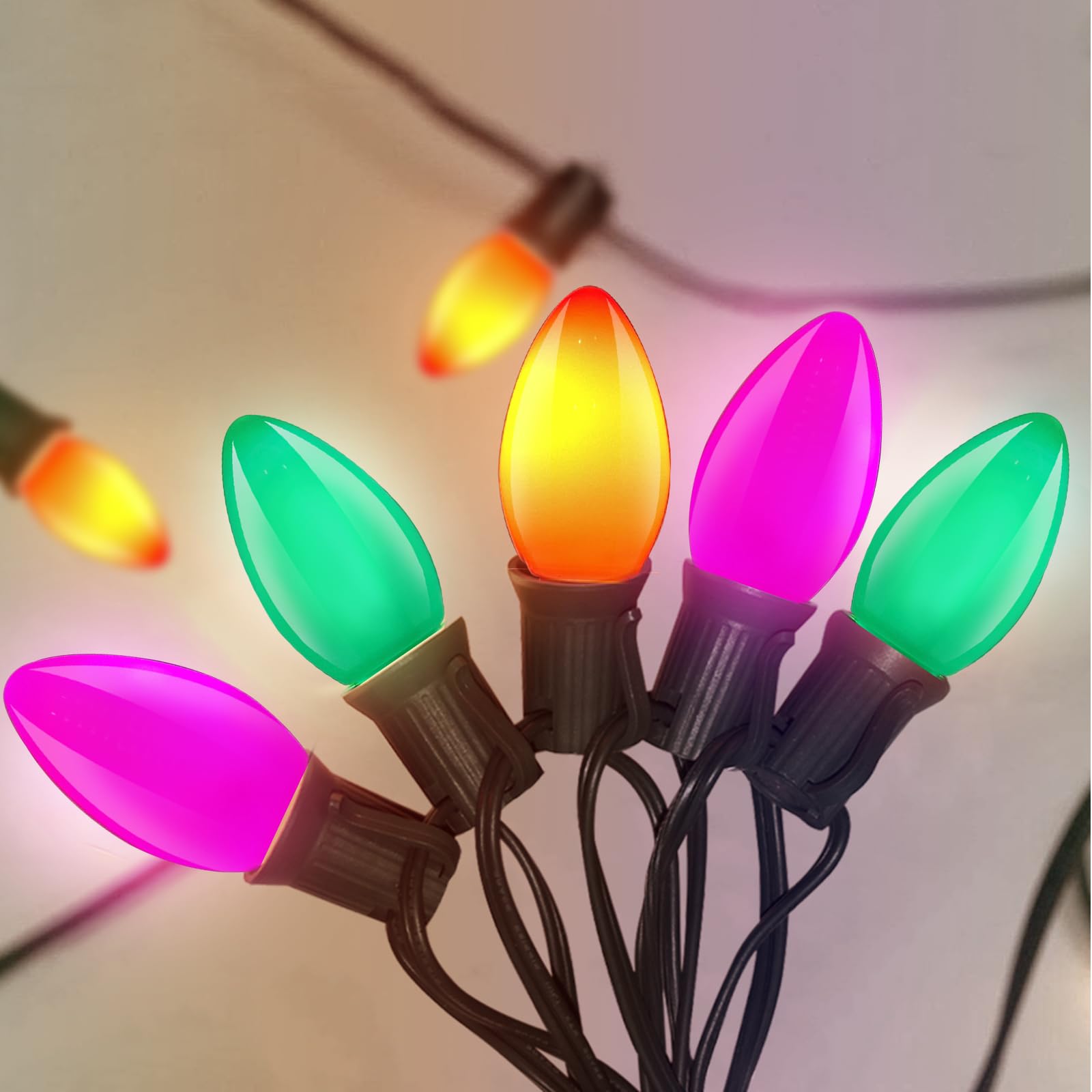 C7 LED Multicolor Christmas Lights, 25Ft with 27 Orange Green Purple Bulbs, Hanging Vintage Outdoor Christmas Decorations for Ro