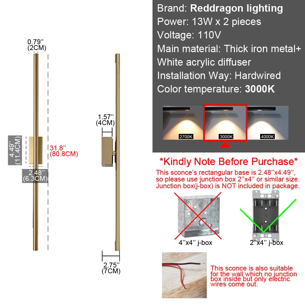 Reddragon Lighting Set Of 2 Hardwired 32 Inch Long Bronze Gold Wall Sconce Indoor Waterproof Linear Mirror Vanity Wall Light For Bathroom Bedroom Living Room (2 Pack, 32'', Gold, Dimmable)