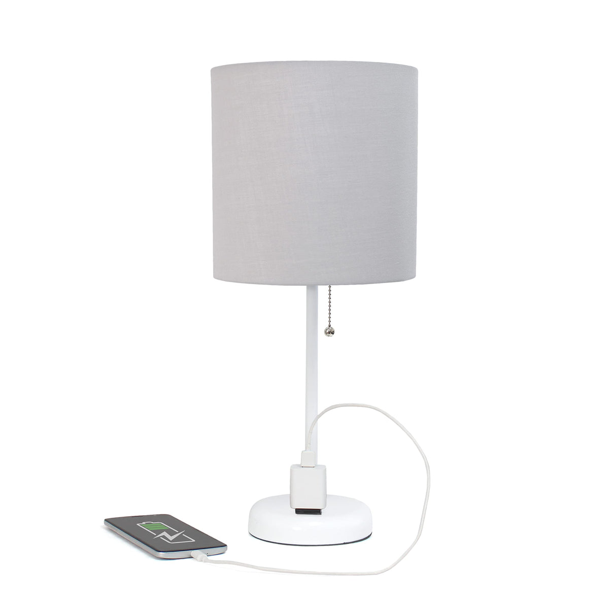 Simple Designs LT1144-GOW Sleek and Slender White Table Lamp with Charging Outlet for Bedroom, Living Room, Entryway, Office, Dining Room, Study, Gray Shade