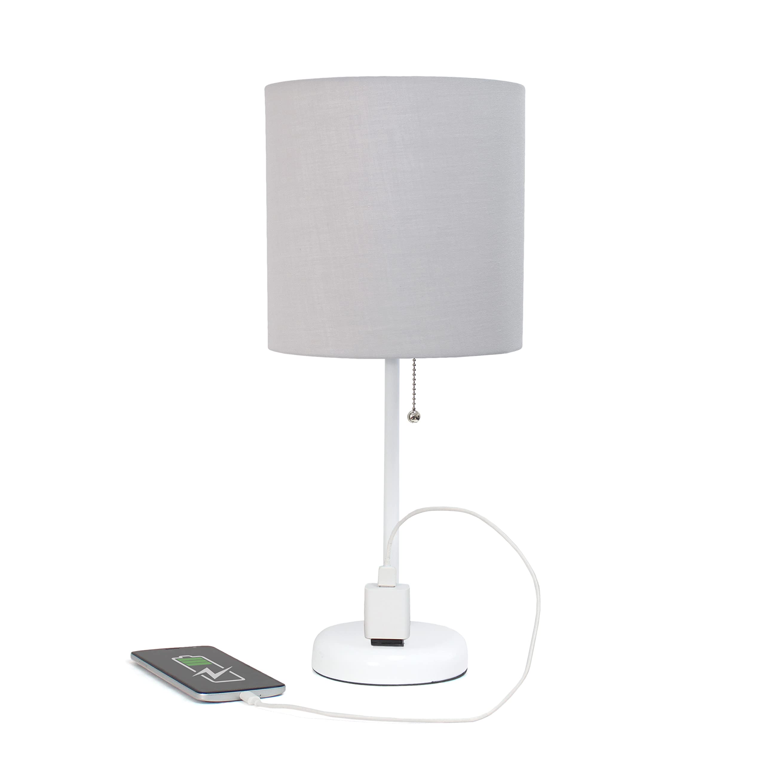 Simple Designs Lt2024-Gow White Stick Table Desk Lamp With Charging Outlet And Drum Fabric Shade, Gray Shade (Pack Of 2)