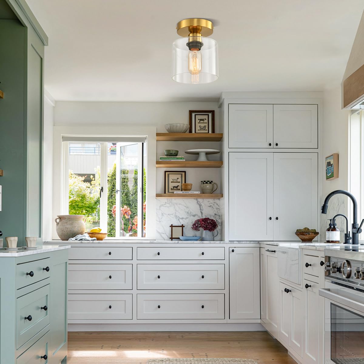 Deamakk Brass Modern Semi Flush Mount Ceiling Light, Gold Rustic Ceiling Light Fixture For Closet, Hallway, Kitchen, Hallway Lig