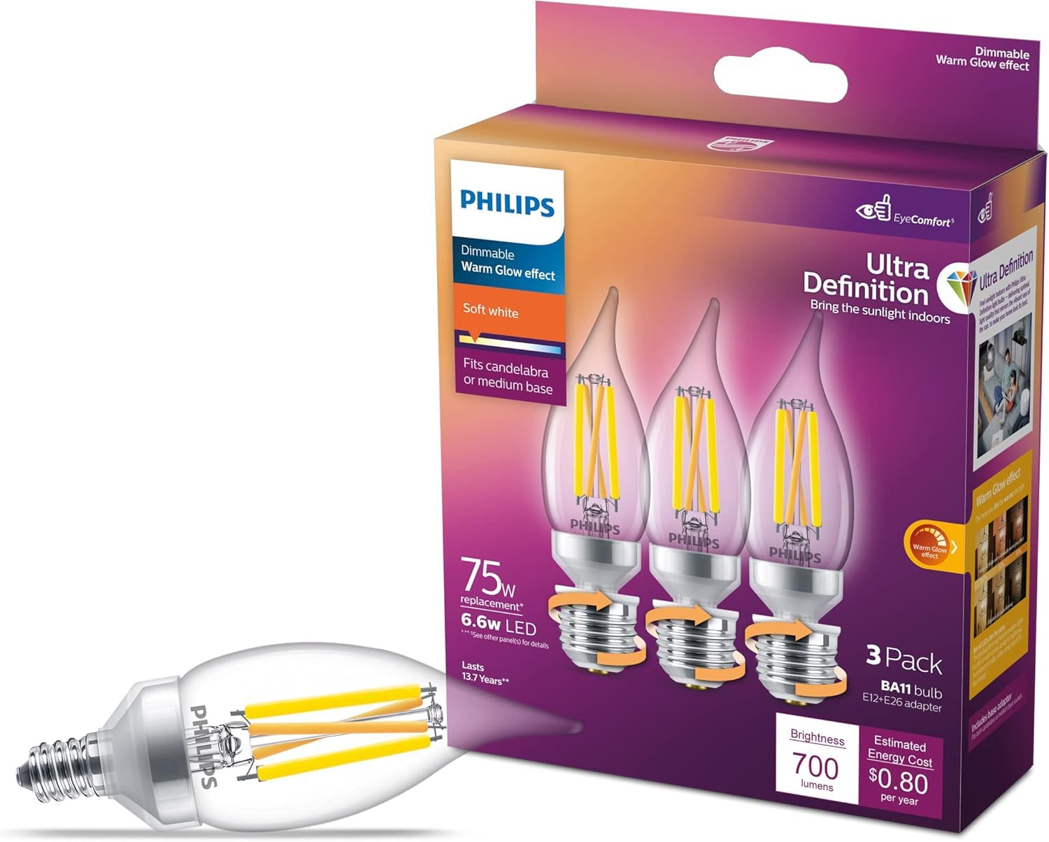 Philips Led Ba11 Ultra Definition Dimmable Led Light Bulbs - Flicker-Free 75W Light Bulbs With Eyecomfort Technology - Daylight 