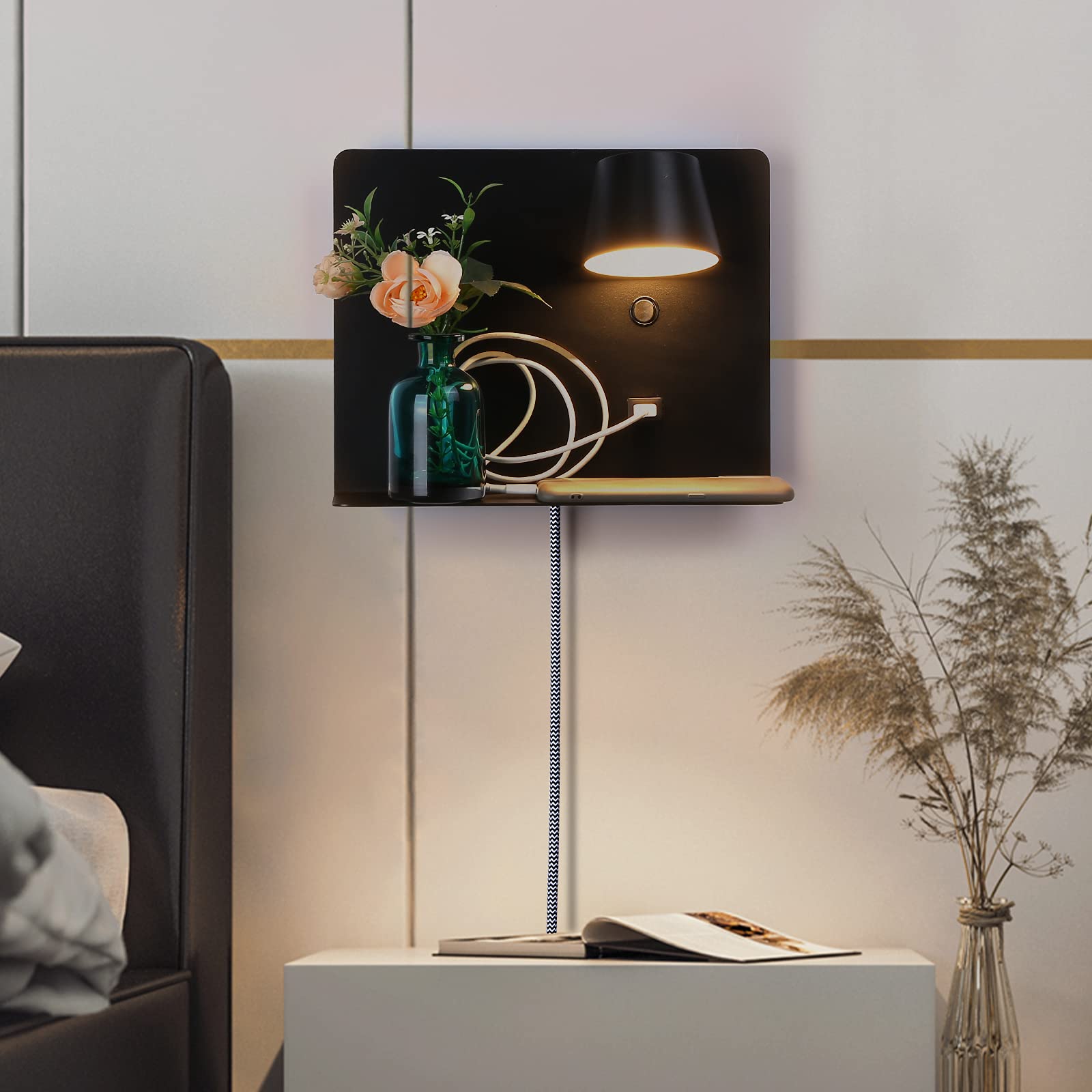 Plug In Cord Wall Sconce With Usb Port Charging, Led Wall Lamp With Shelf Lights Fixture Reading Lights For Bedside Rotation Wal