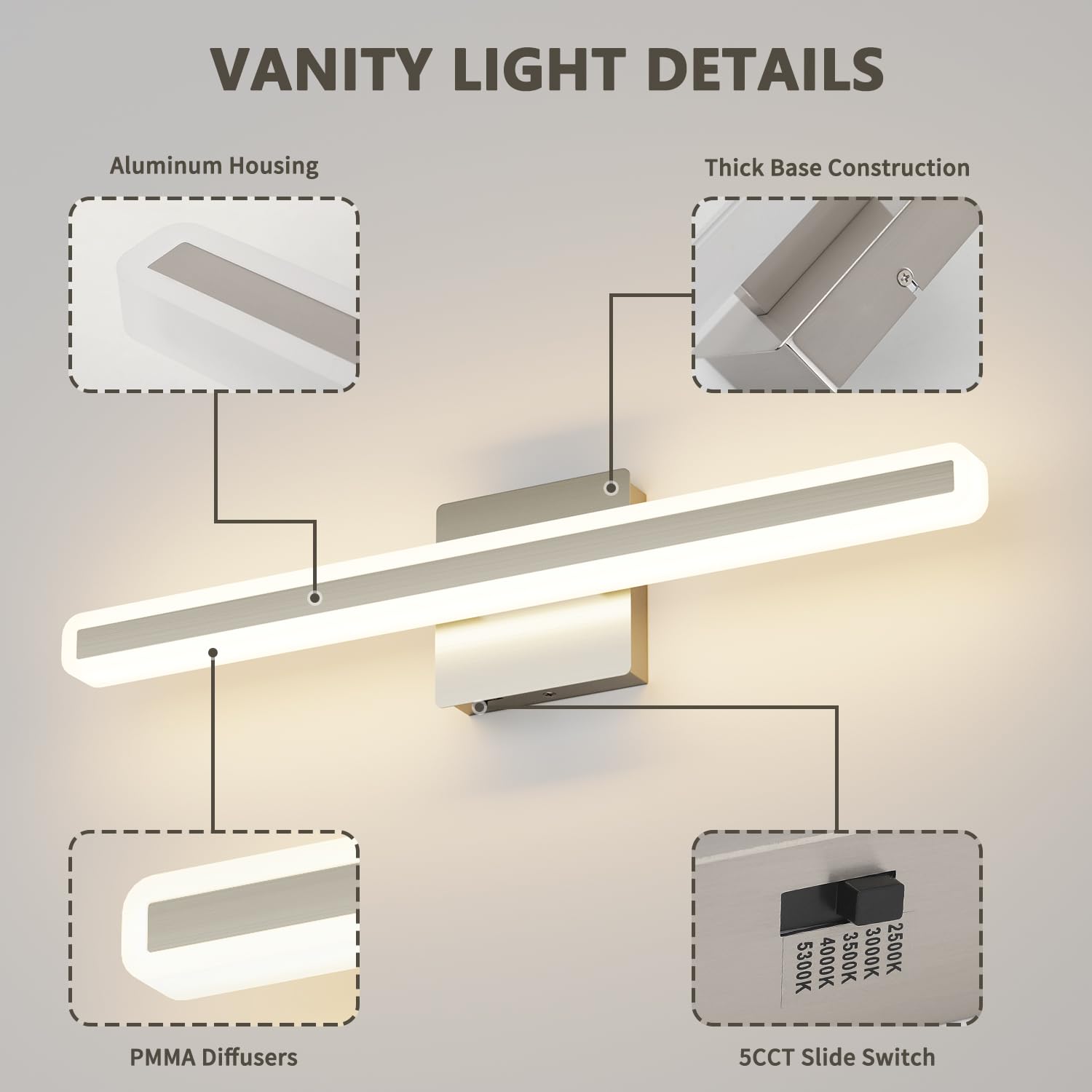 JUSHENG 24'' Brushed Nickel Dimmable Vanity Light Bar, Modern LED Bathroom Fixture, Model 9871, Acrylic