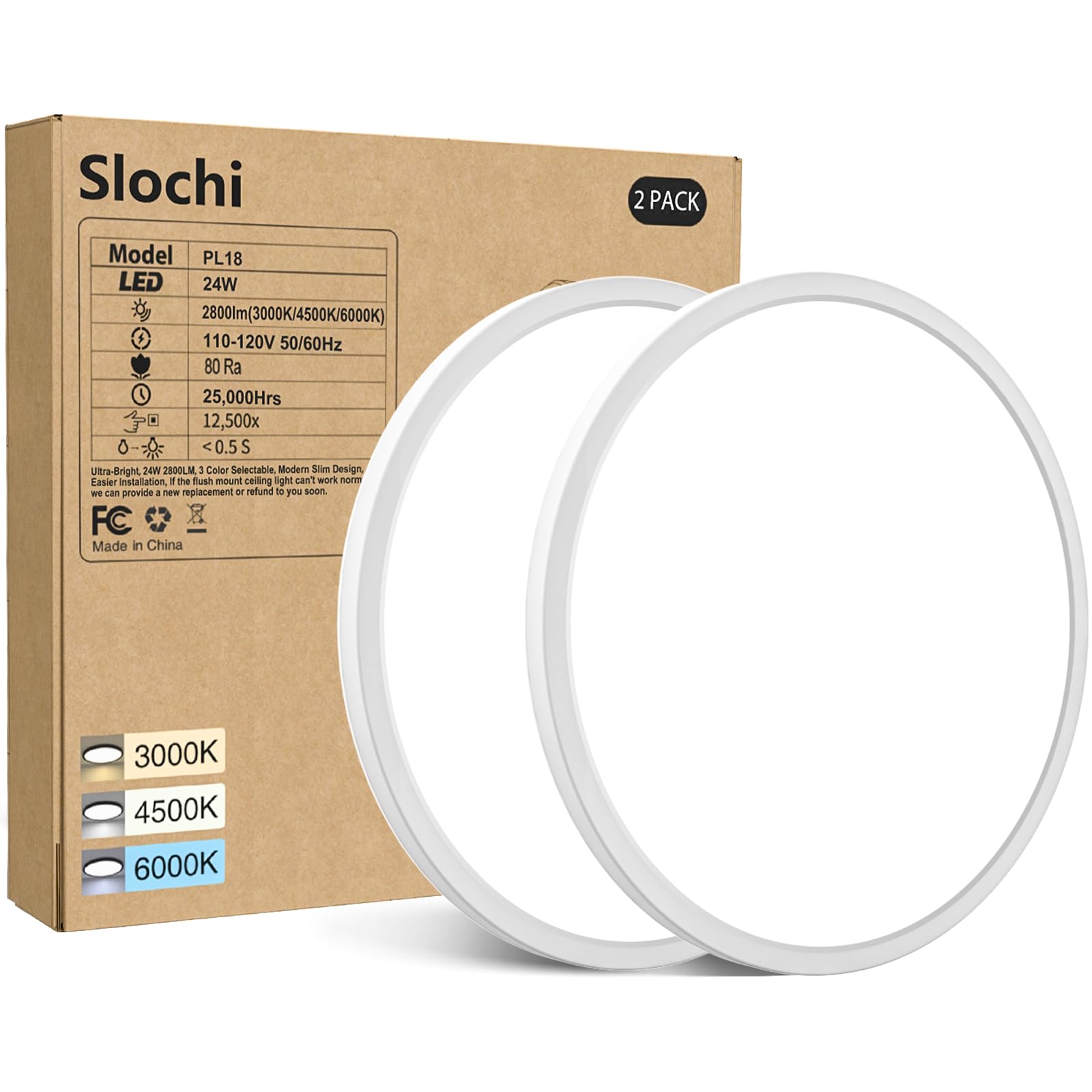 2PACK White Flush Mount LED Ceiling Light, 9Inch 24Watt, 3000k/4500k/6000K, Ultra Slim for Bedroom, Living Room, Kitchen, Hallwa