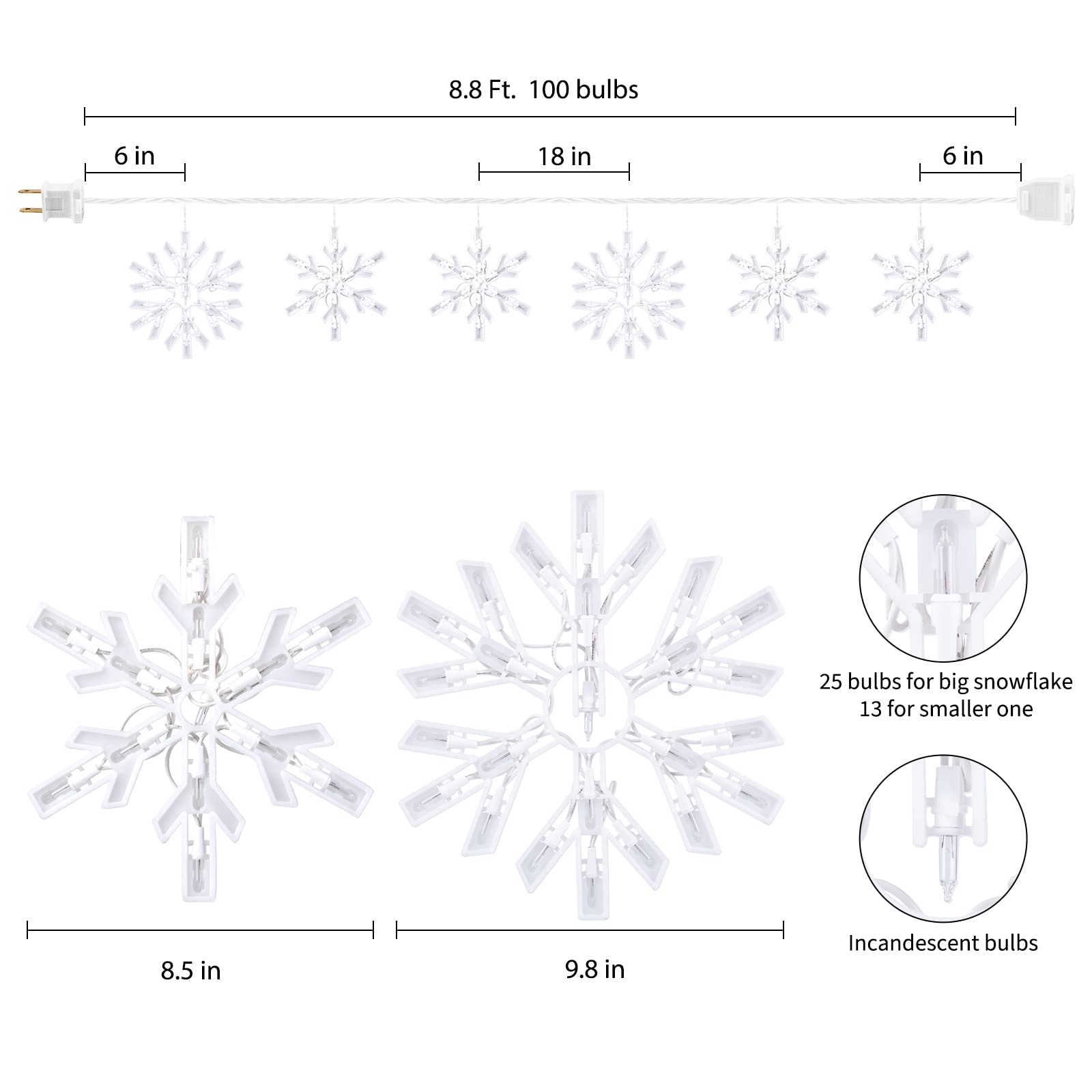 Minetom Snowflake Christmas String Lights - 9ft, 100 Mini Bulb Icicle Lights, White, PVC, 6 Drops, Connectable for Indoor/Outdoor Décor