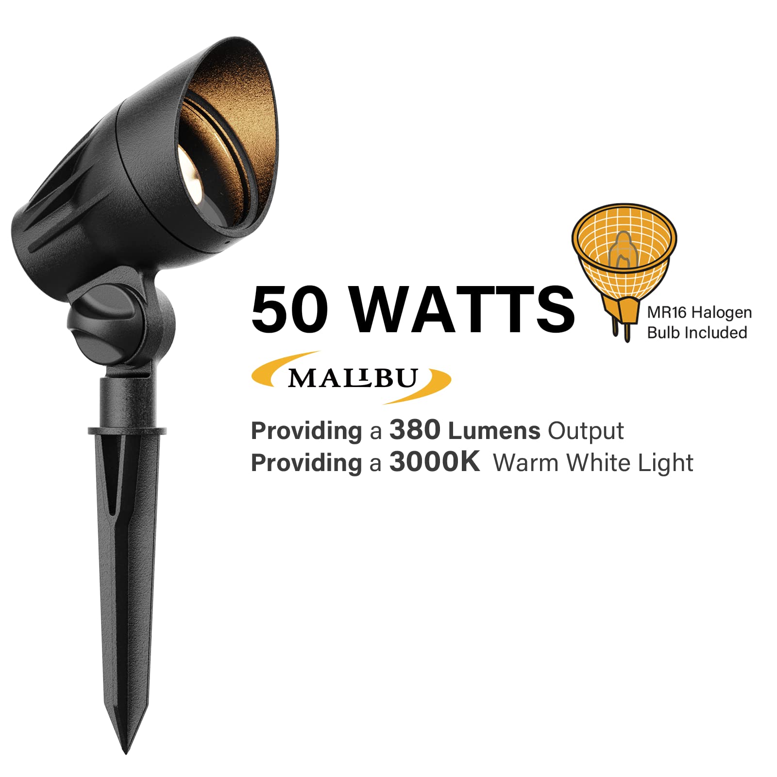 Malibu 50W Low Voltage Floodlight Landscape Lights, Waterproof, Black, 6"x3.5"x5.9", Model 8301-9601-01 for Garden & Pathway