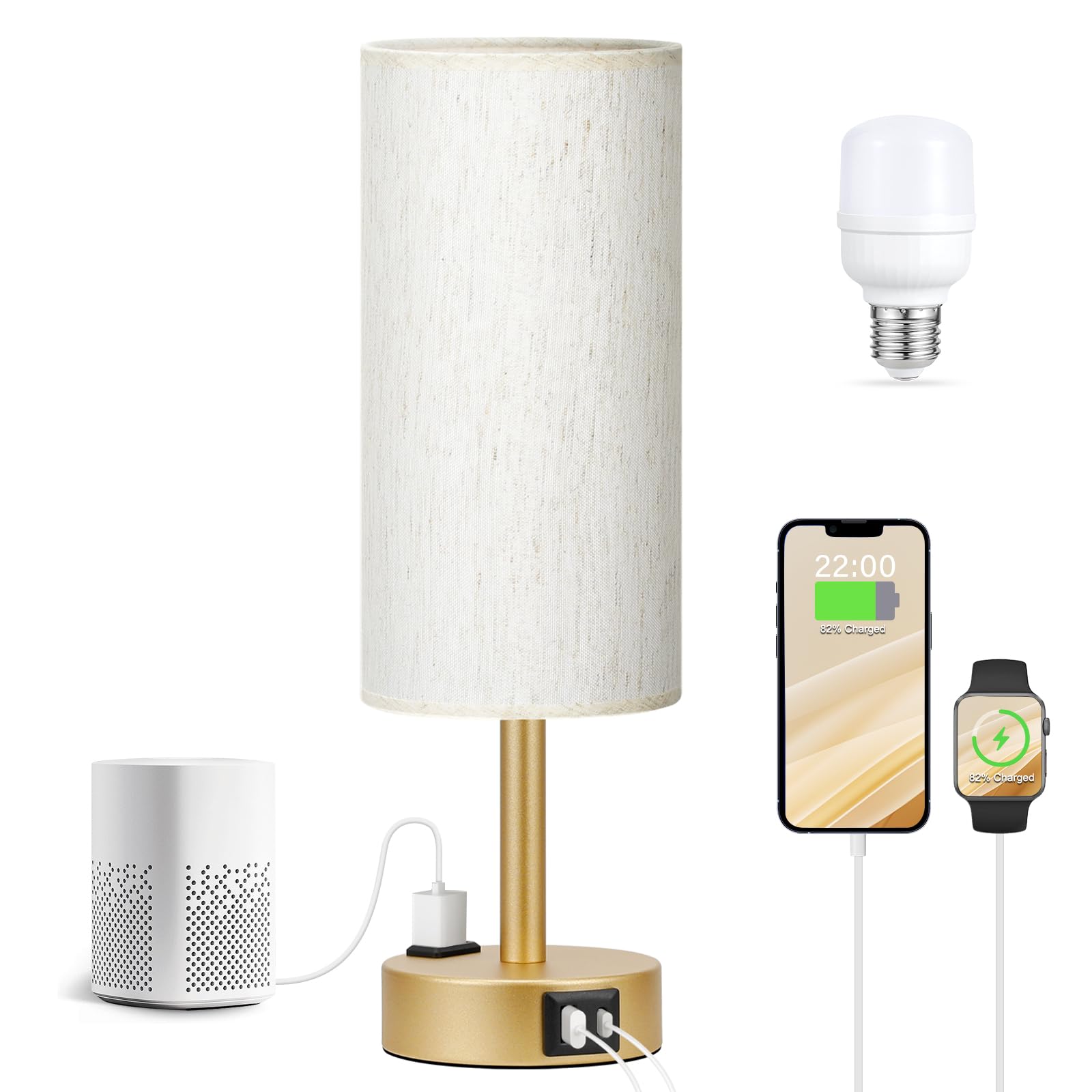 Fenmzee Gold Nightstand Lamp - 3 Way Dimmable Touch Control, 14" Cream Linen Shade, USB C Charging, LED Bulb Included