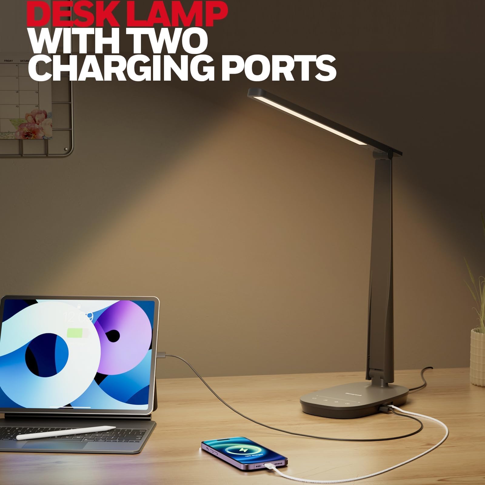 Honeywell LED Desk Lamp HWT-H2B, Dimmable, USB A+C Ports, Eye-Caring, Foldable, 4 Color Modes, Black