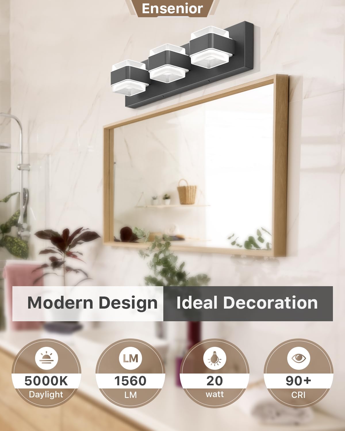 Ensenior 3-Light Modern Dimmable Bathroom Vanity Light, Black Acrylic, 5000K Daylight