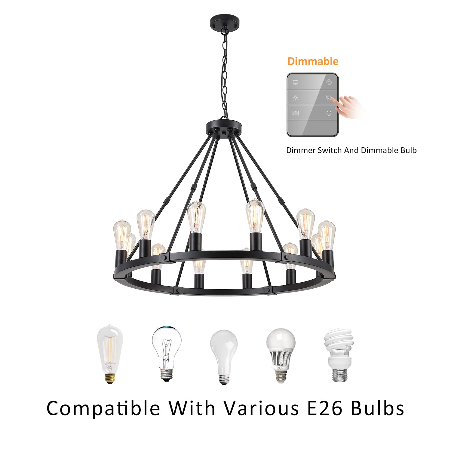 9MMML Black Wagon Wheel Chandelier, 12 Lights, Adjustable Height 31.5in, Iron, Industrial Farmhouse Pendant Light