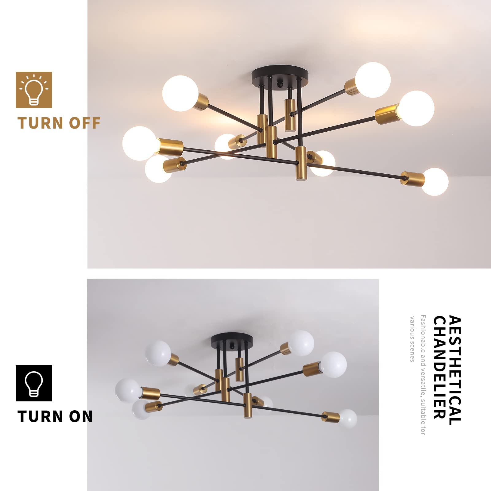 Garwarm 8-Light Black And Gold Sputnik Chandelier, Mid-Century Modern Industrial Semi-Flush Mount Ceiling Light, 11.4In X 31.9In