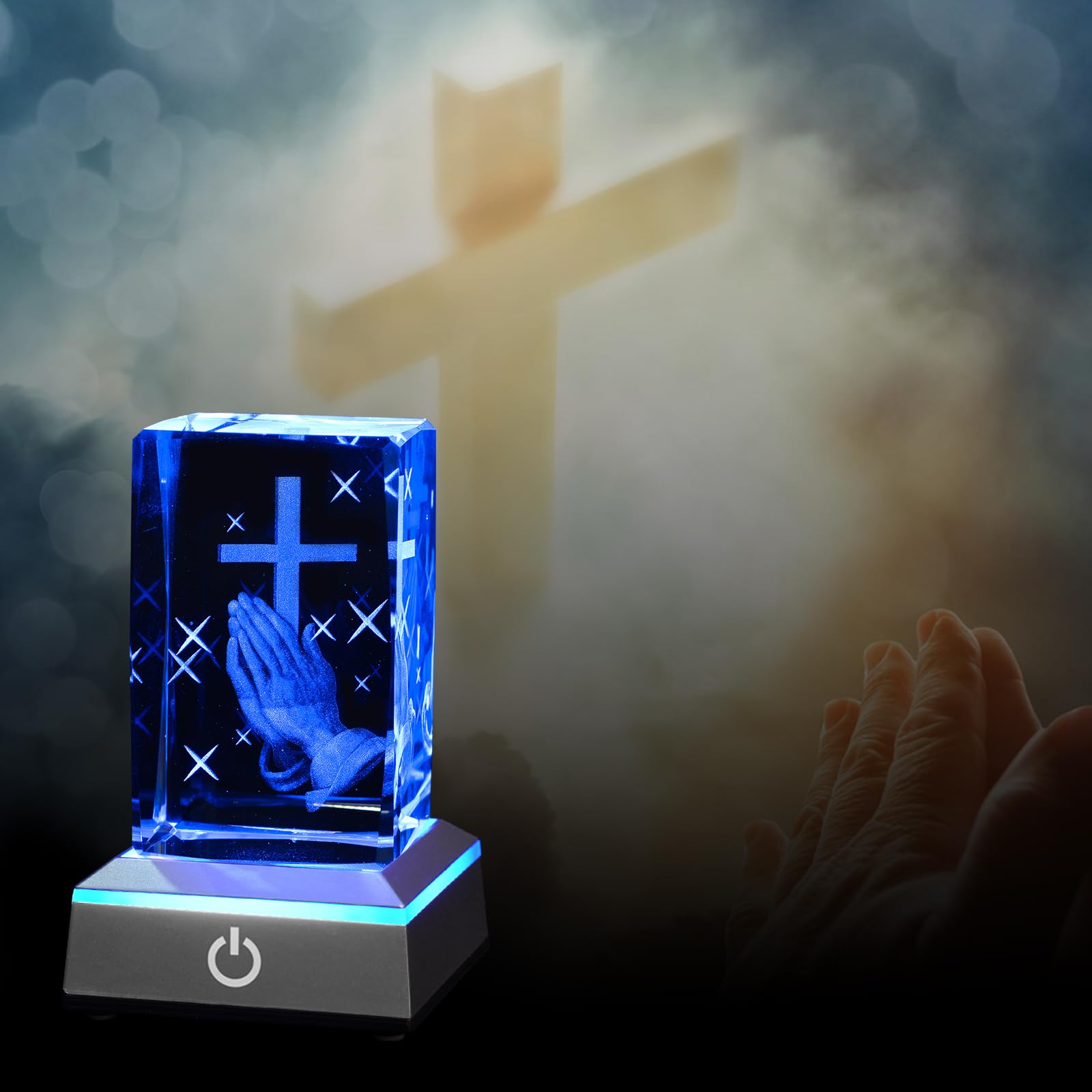 Eicxjui 3D Crystal Praying Hands Night Light with Multicolor LED Base, Engraved Cross Figurine, Religious Gift for Home Decor