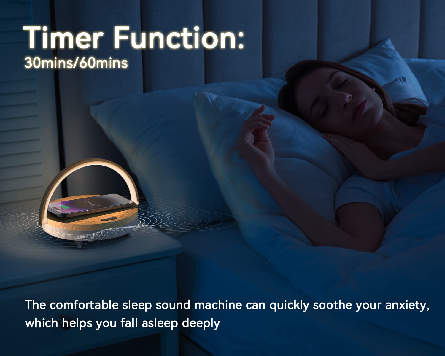 Vivilumens Bedside Lamp with Wireless Charger, Touch Control, 3-Level Dimmable, White Noise, Bluetooth Speaker, S22 Model, White Noise Upgrade