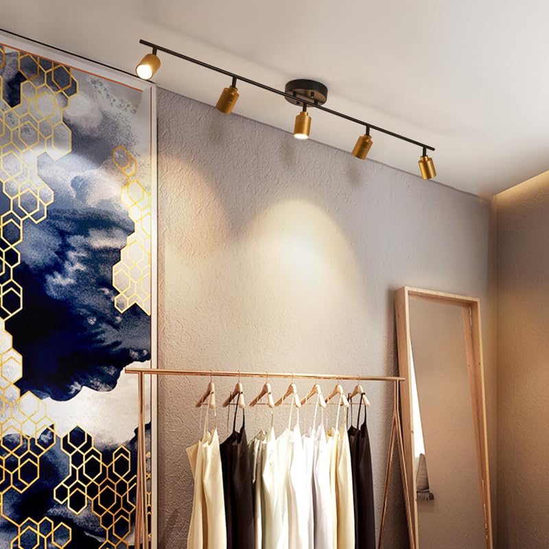 Shura Black & Brass 5-Light Track Light With Adjustable Heads, Integrated Led Bulbs, 4 Ft. Track Lighting Kit Ceiling Light, 300