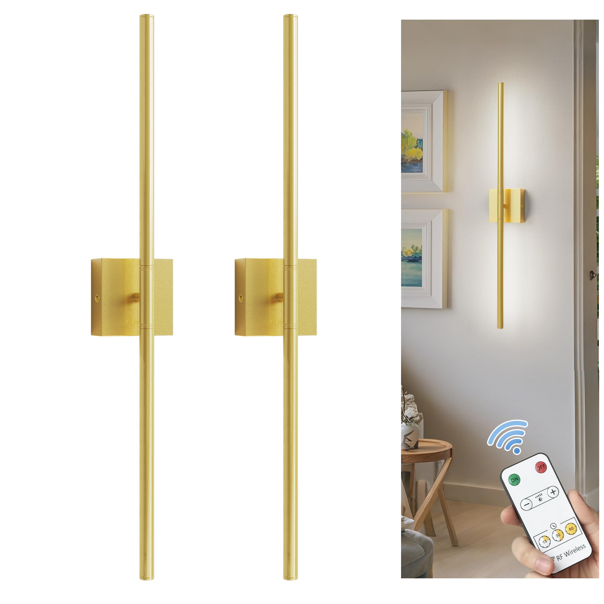 L Lohas Led Battery Operated Wall Sconces Set Of 2, Battery Wall Sconce 10000Mah, Gold Rechargeable Sconces 6000K, 28.3 Inch Wir