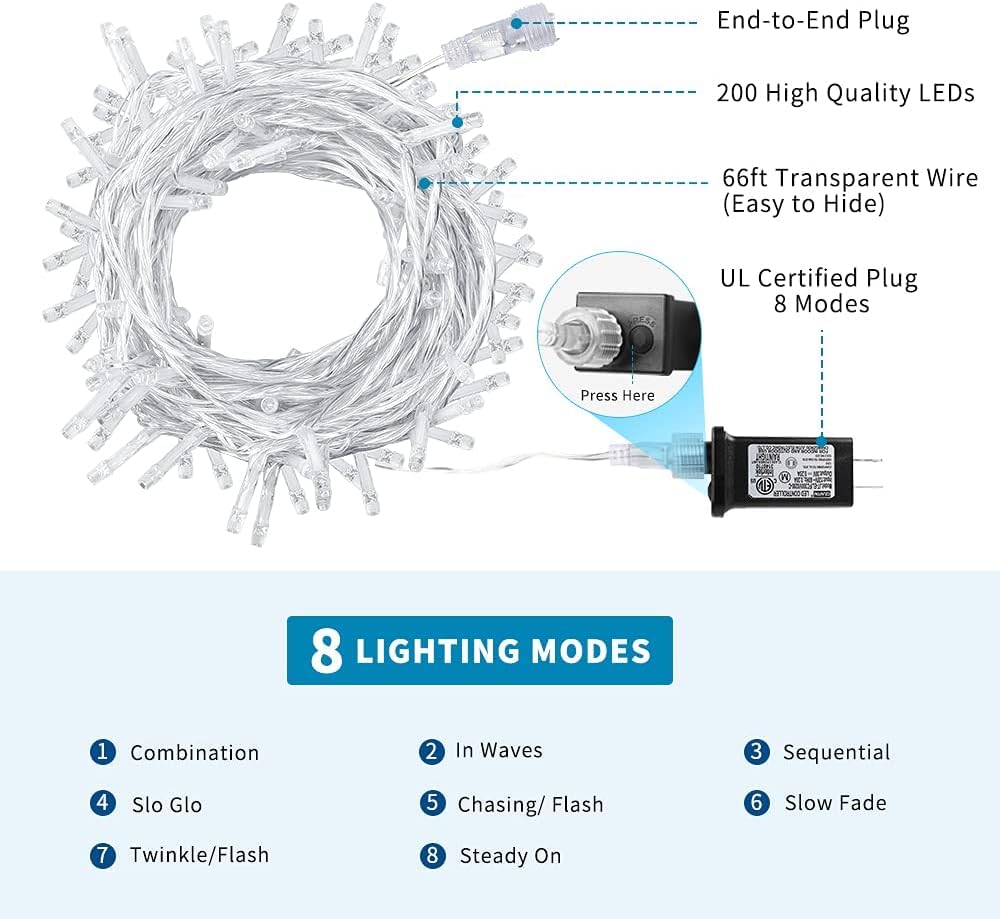 Vtechology 170Ft 500Led Blue Christmas Lights Plug In,Waterproof Christmas Tree Lights,8 Modes String Lights Indoor Outdoor For Halloween Tree Party Bedroom Garden Decor