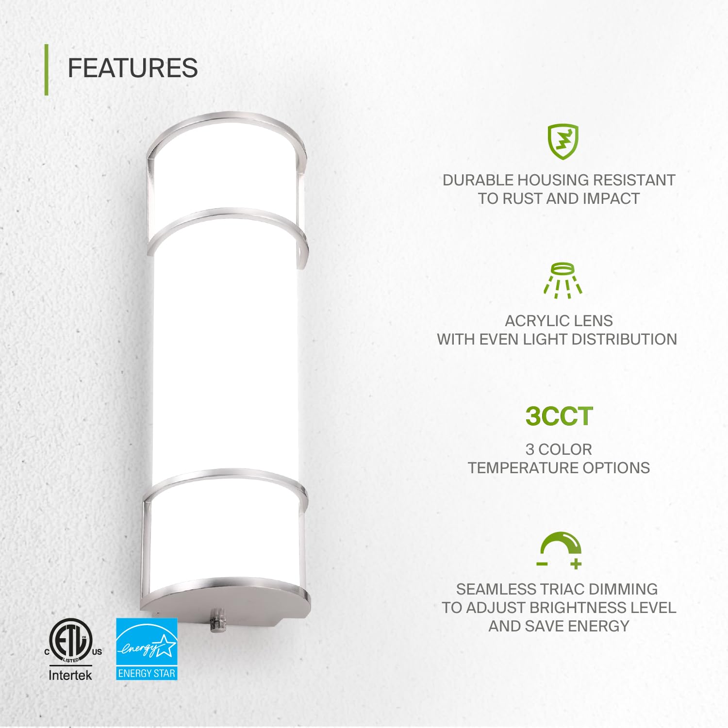 Asd Led 18 Inch Flush Mount Vanity Lighting Fixture | 20W 1650Lm 3000K-5000K 120V | 3Cct, Dimmable, Energy Star, Etl Listed | Ba