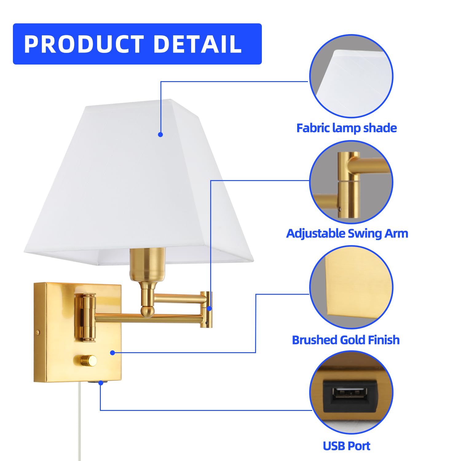 PULLCU Wall Mounted Lamp, Dimmable Swing Arm Sconce, Gold, Metal, Model JDS-BD-009, USB Port, Suitable for Hallway, Bedroom, Living Room