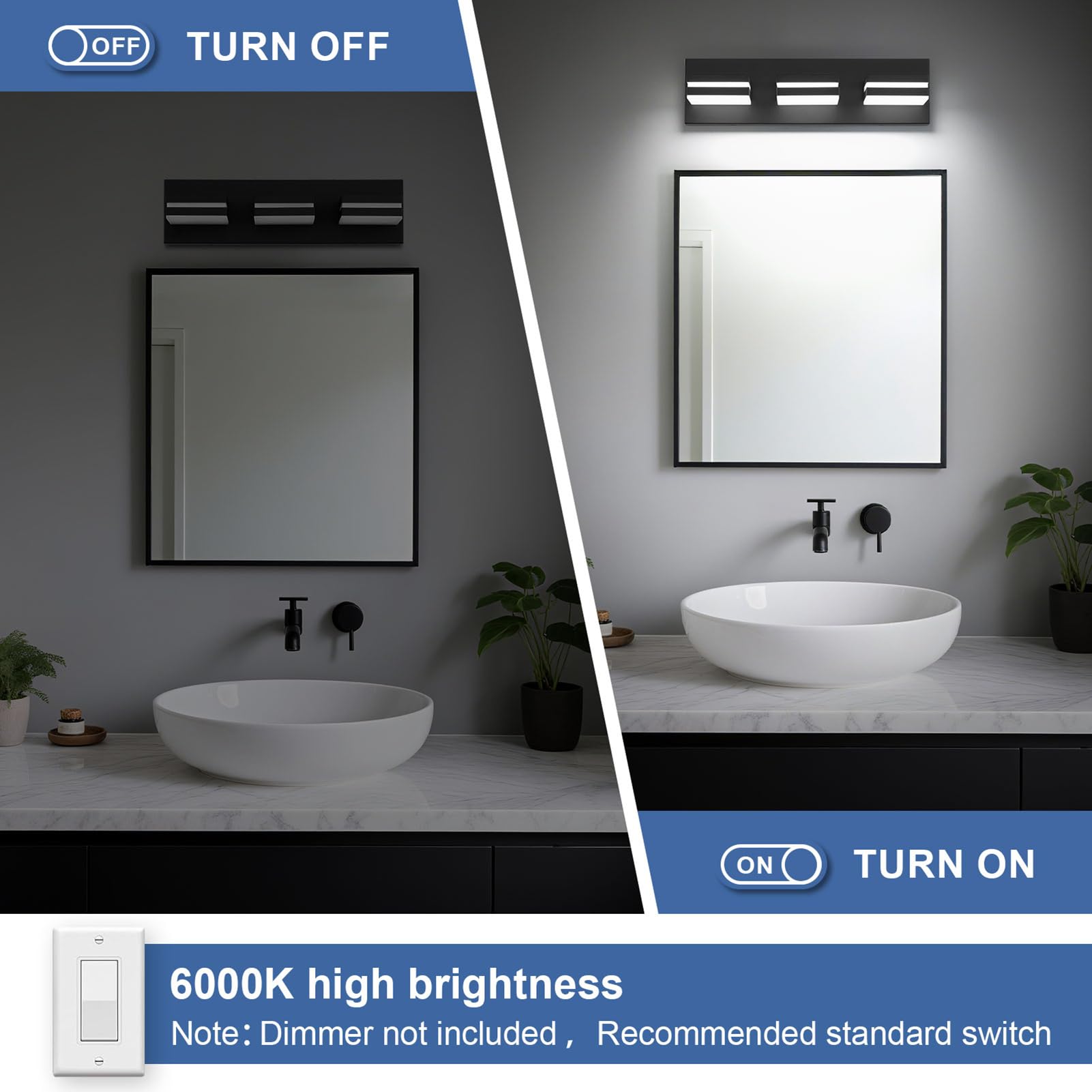 JZEKVN Modern LED Bathroom Light Fixture, 3-Light Metal Black Acrylic, 16.14in, 6000K Vanity Lighting Over Mirror
