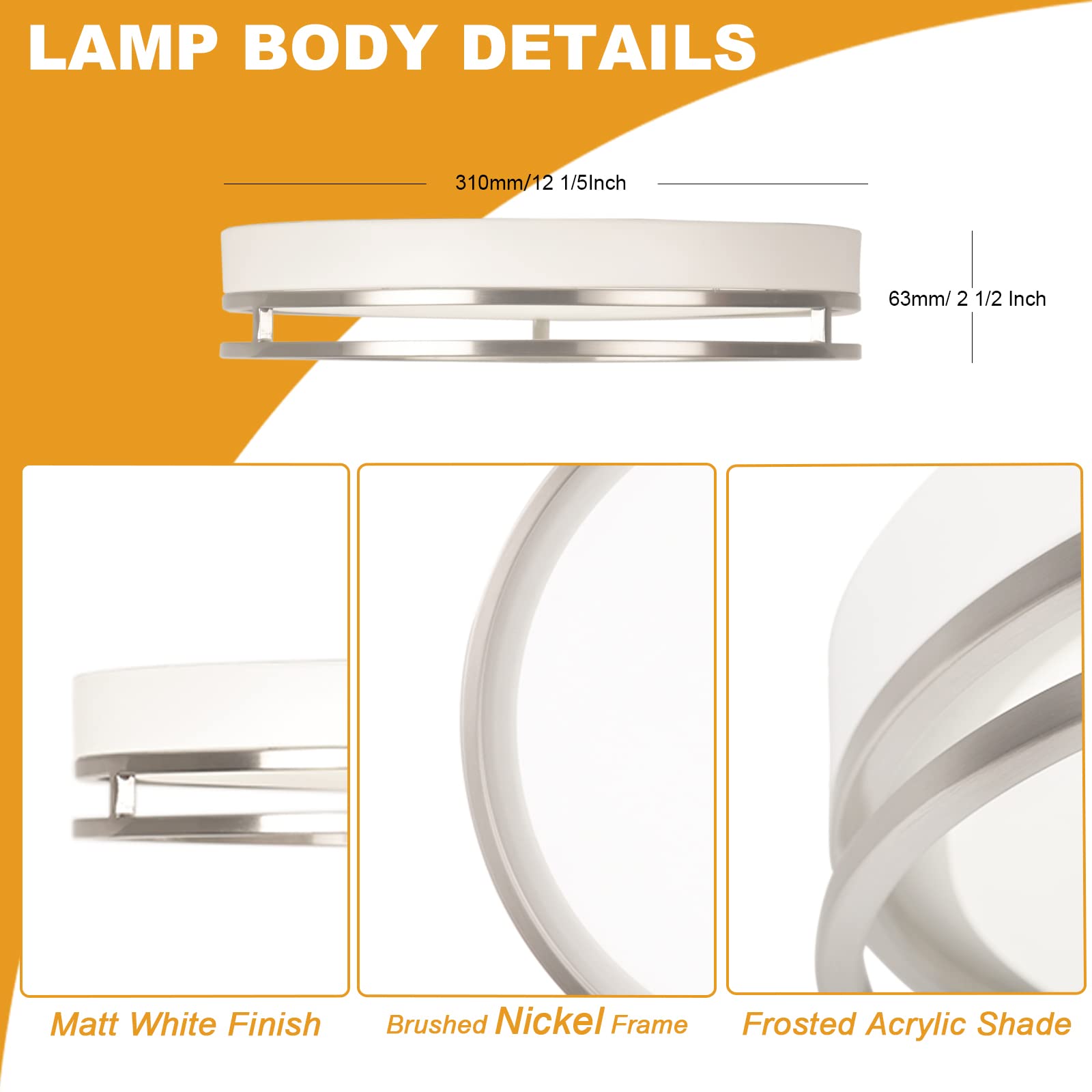 Flynix LED Flush Mount Ceiling Light, 26W, 1700 Lumens, Dimmable, 3 Color Options, 12.5 Inch, White Nickel, Model PL-LF