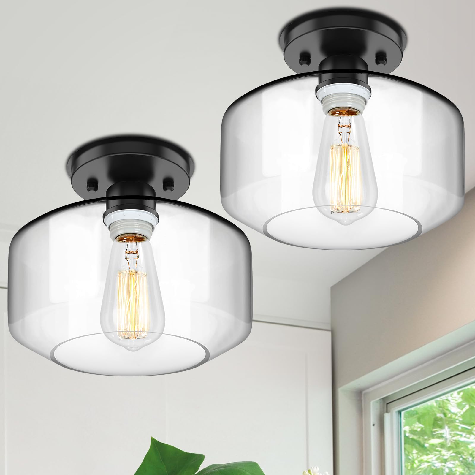 Tobusa Semi Flush Mount Ceiling Light 2 Pack, Industrial Ceiling Light Fixture With Clear Glass Pendant Lamp Shade, Farmhouse Ha