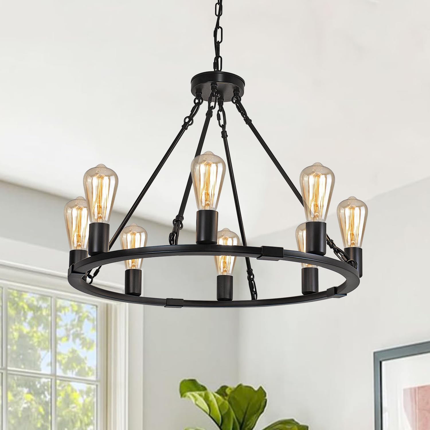 Rviezza 8 Lights 23.6'' Wagon Wheel Chandelier, Farmhouse Chandelier, Rustic Vintage Round Farmhouse Pendant Lighting, Black Met