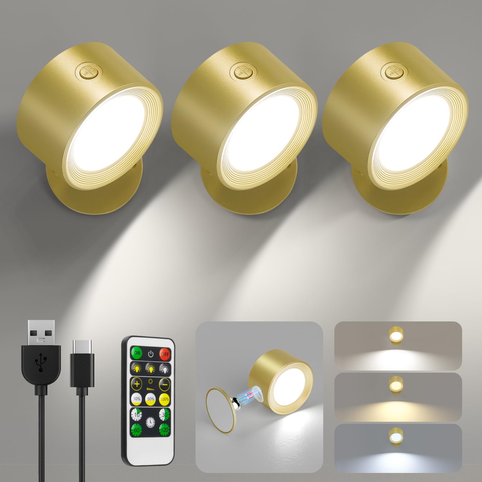 Lightbiz Led Wall Lights 3 Pcs With Remote, Sconces Lamp Rechargeable Battery Operated, 3 Color Temperatures & Dimmable Magnetic