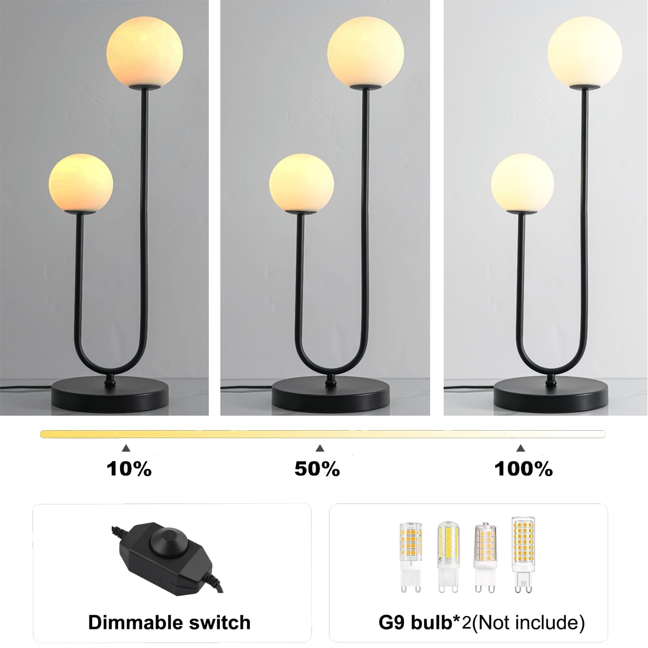 AMARTIZ Black U-Shape 2-Light Table Lamp, Mid Century Design with Milk White Glass Shade, Model T3000-BK for Bedroom Nightstand