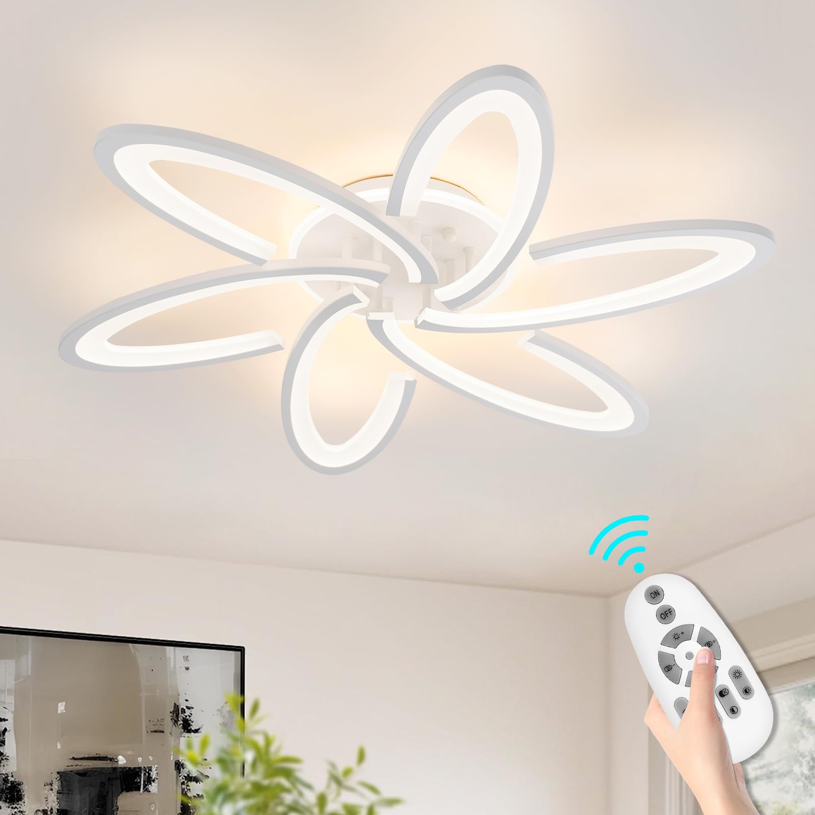 Seable Modern Led Light, 6+1 Rings 93W Dimmable Fixture 29.5'' 3000K-6500K Flush Mount White Flower Ceiling Lamp With Remote For
