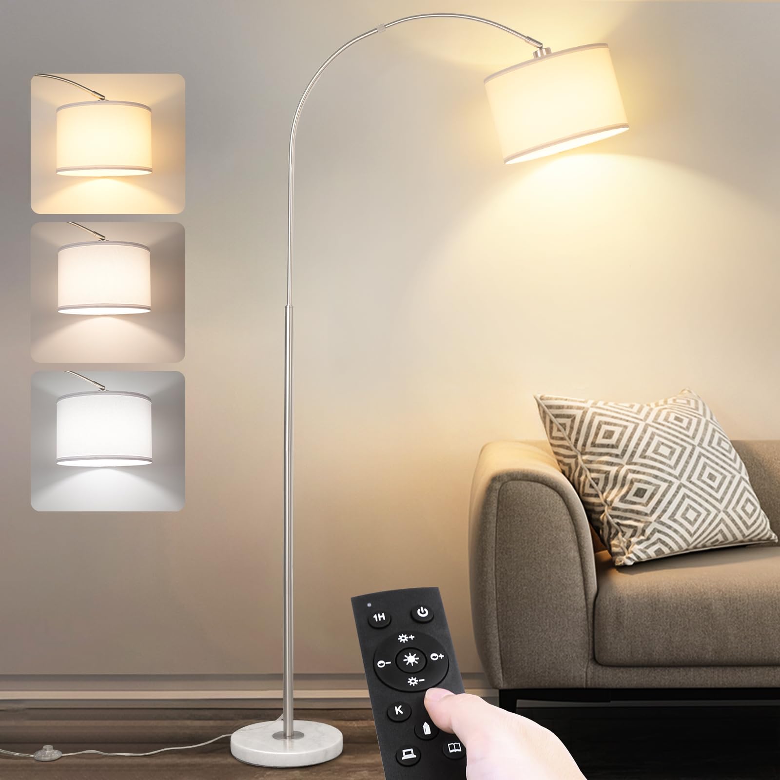 Qingmiao Arc Floor Lamp, Modern Metal Standing Lamp with Dimmable Bulb, Foot Switch, Silver, Model QM-FL-ARC